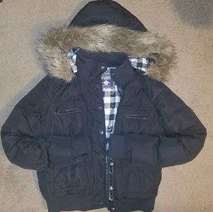 PINK puffer jacket with faux fur trim